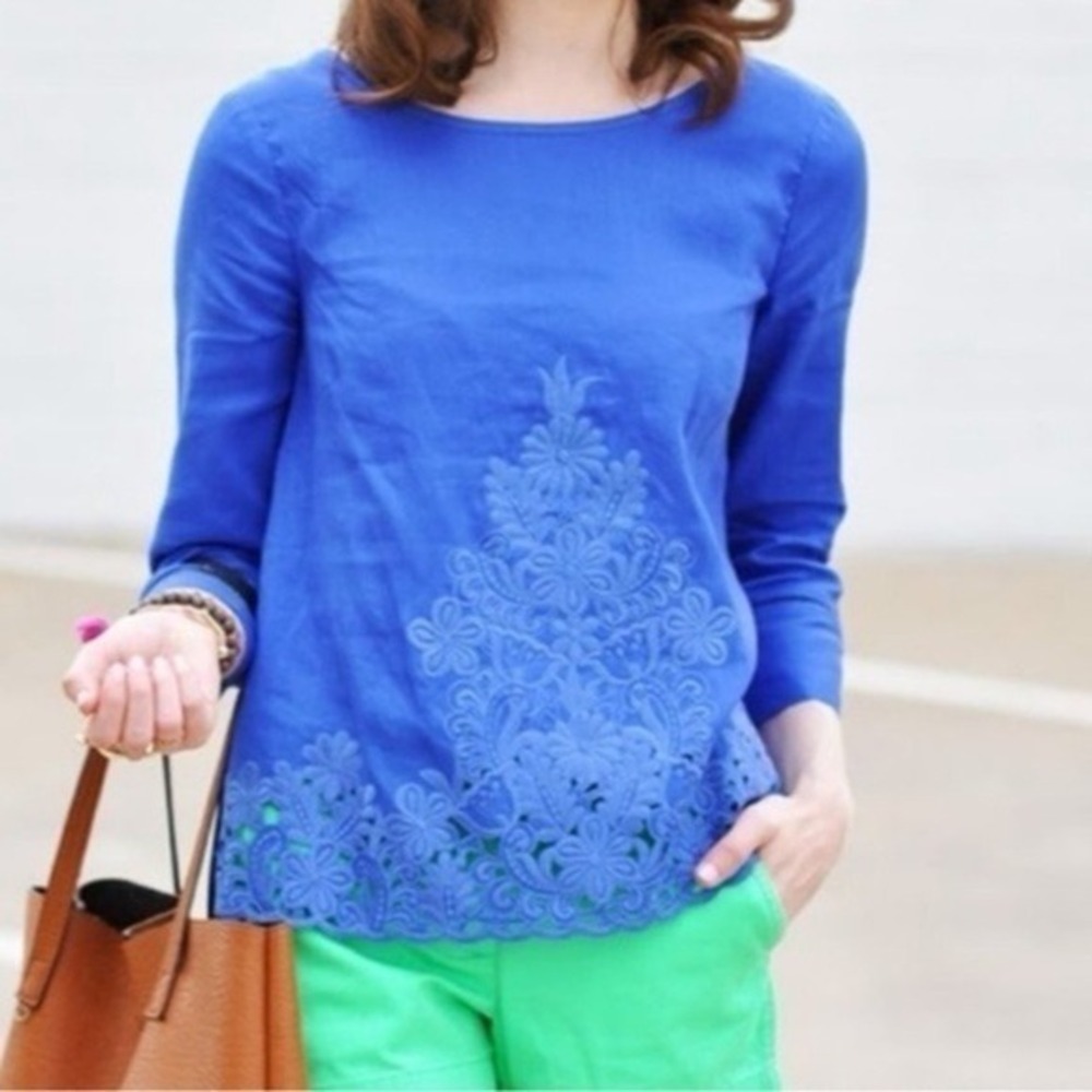 J. Crew Women's Royal Blue Embroidered Linen Blouse Top Size 4 3/4 Sleeve Floral
